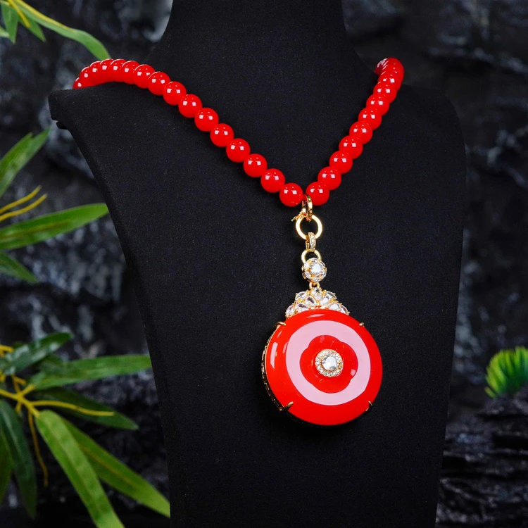 【平安扣】锦红色冰透平安扣玛瑙玉髓吊坠 豪华珠链项链