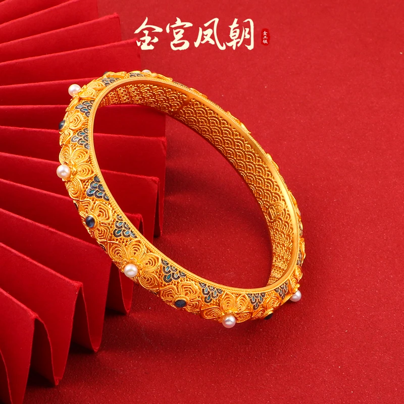 足银珐琅手镯 金宫凤朝 团花锦绣手镯女士时尚古风国风珐琅彩高工