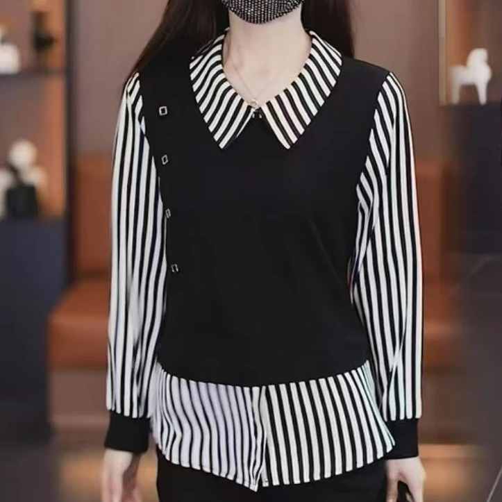 秋季新款减龄衬衣韩版显瘦遮肚子娃娃领拼接上衣