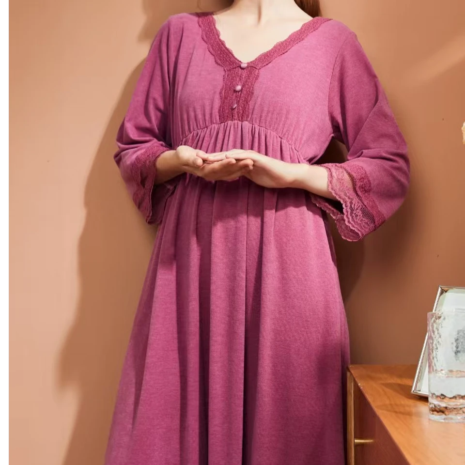 芬腾云暖绒女士V领蕾丝睡裙睡衣爆款2025新款长袖中长款秋冬显瘦