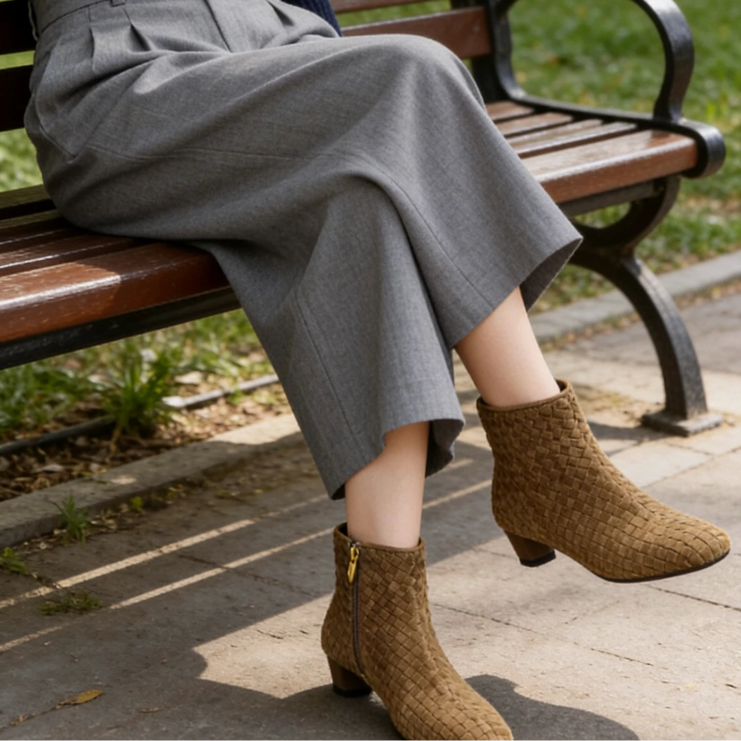 【胡子哥严选】高定编织羊皮/4cm/复古百搭舒适方头中跟女短靴52-7