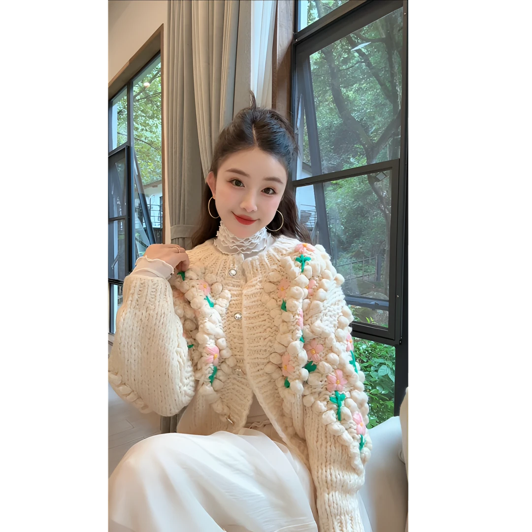 洋洋优选-冬季新款重工手打粗棒针豆豆钩花加厚毛衣外套女YY70913