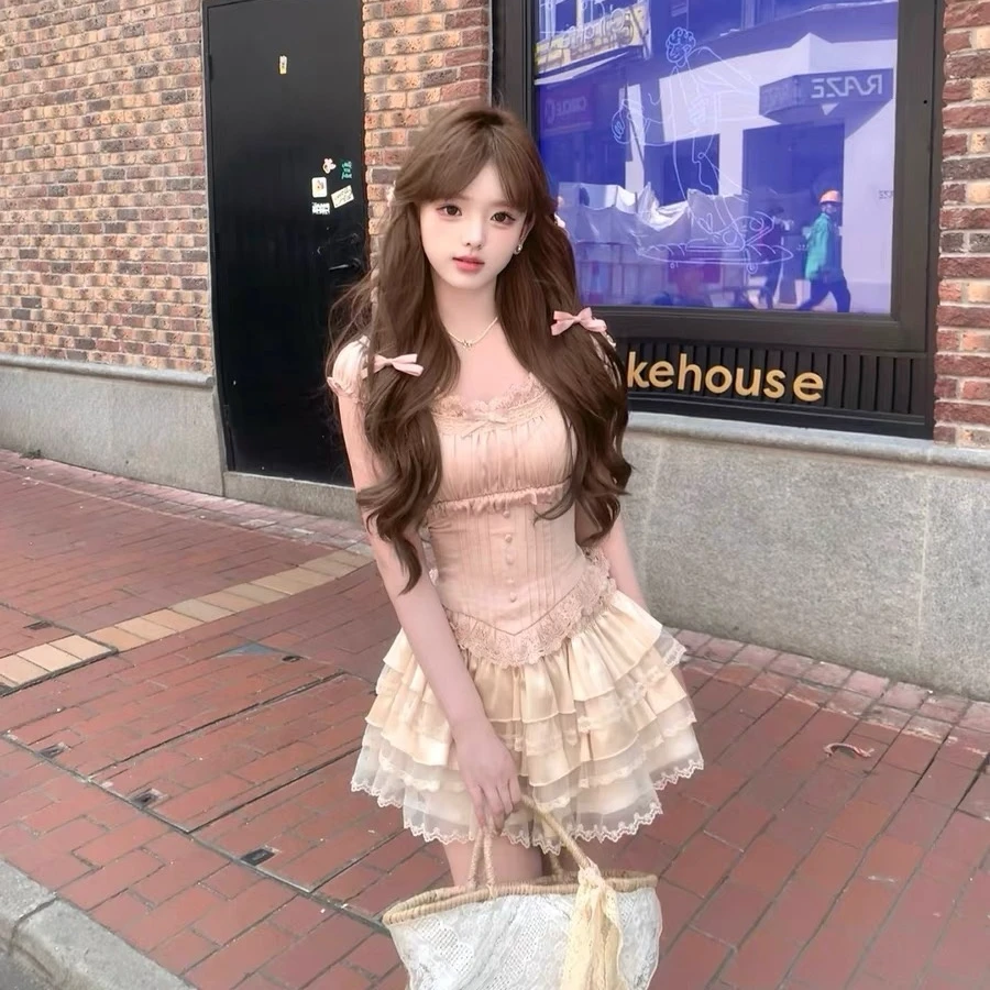 【双生樱酪】韩系甜美少女春夏刺绣钉珠光泽感上衣配蕾丝重工蛋糕裙