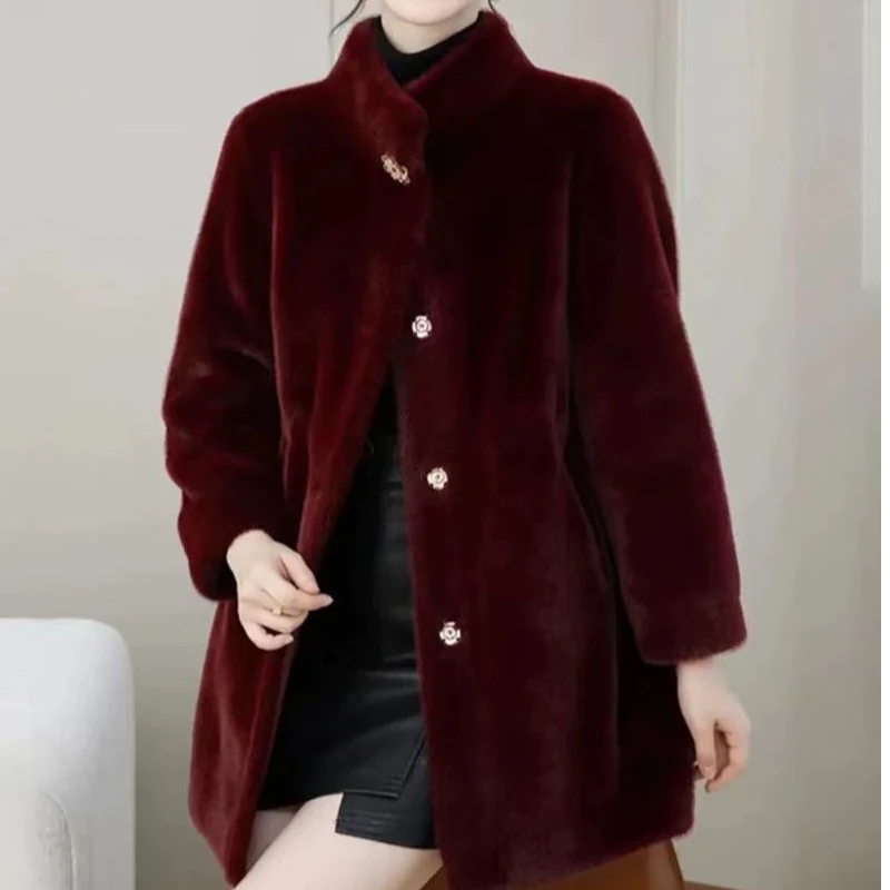 时尚轻职风中老年女装女装立领网红皮毛一体外套秋冬【一粒扣长款】