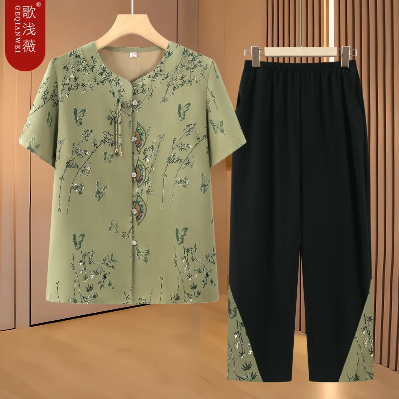 奶奶新中式套装中老年人夏装女妈妈短袖衬衫老太太开衫老人衣服薄
