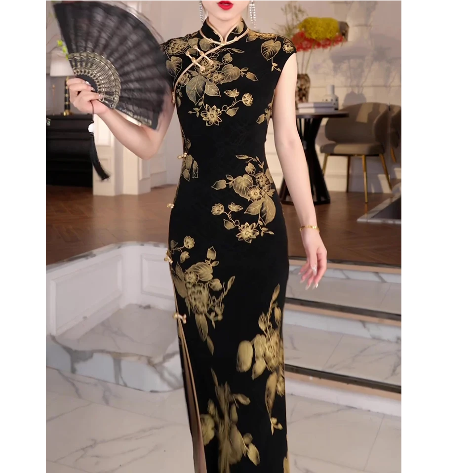 传统国风复古旗袍长裙2025夏季新款高贵气质修身显瘦中国风连衣裙