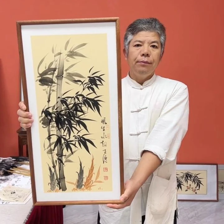 张富民作品/风生水起（乌檀木实木框）（竖版）/36*69厘米左右