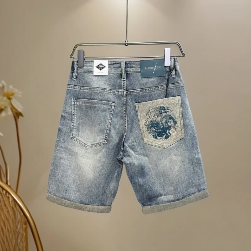 夏季薄款男士休闲破洞刺绣花牛仔短裤时尚百搭青年修身五分牛仔裤