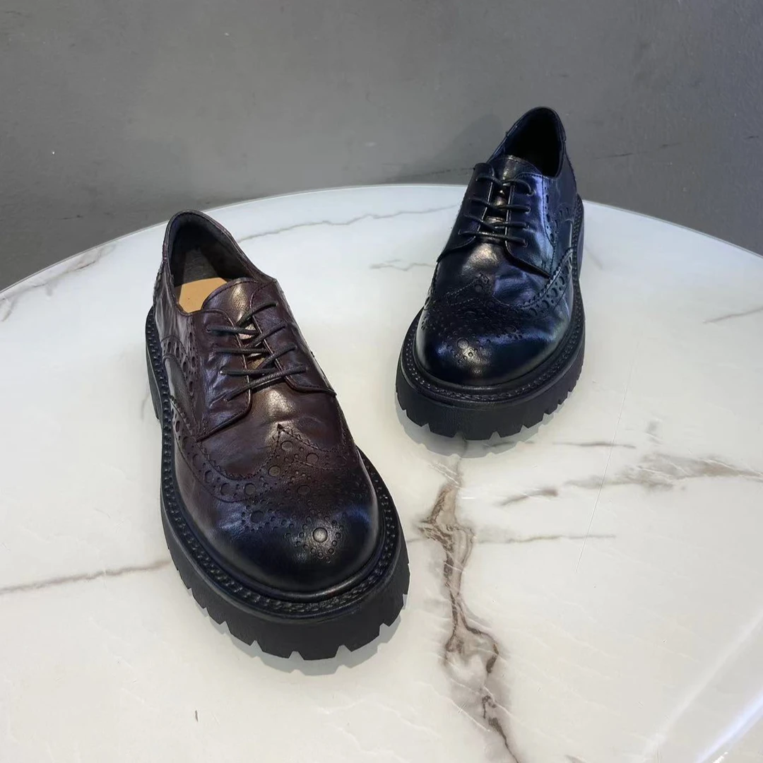 337-1雕花复古休闲植鞣厚底休闲皮鞋系带擦色牛津鞋皮鞋