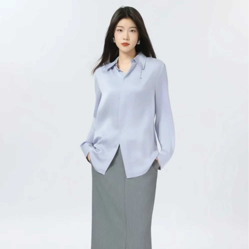 AMASS/阿玛施 秋季新中式气质色丁长袖女衬衣附金属链扣女5300988