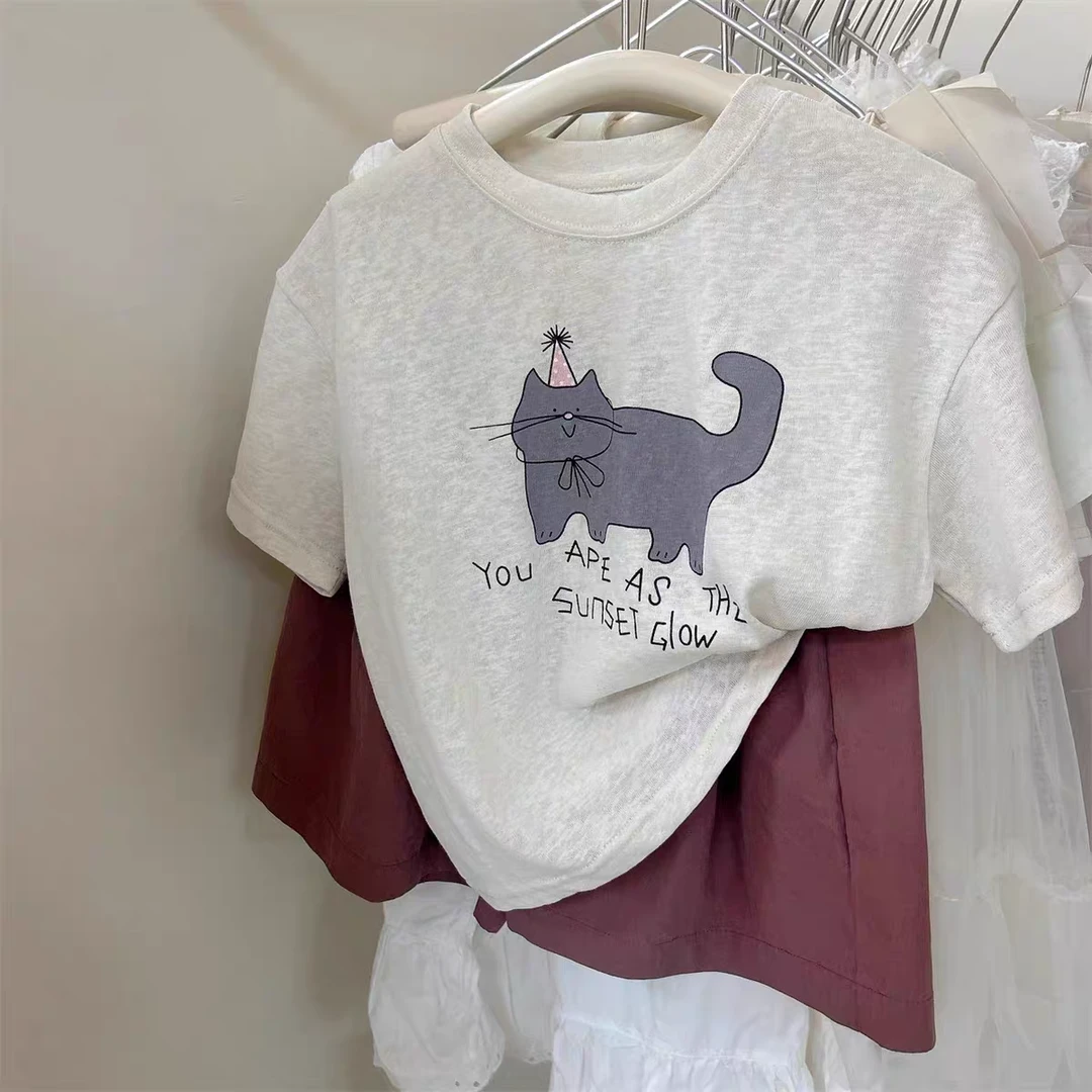 儿童短袖T恤2025夏季新款男女童纯棉卡通猫咪上衣甜美女孩圆领潮