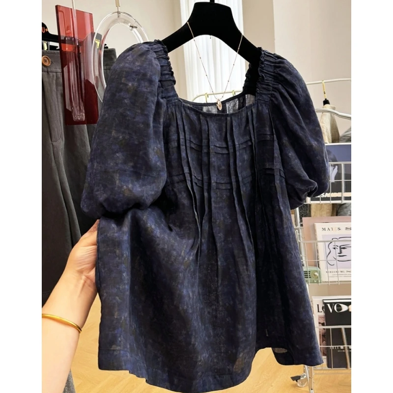 高端设计时尚方领泡泡短袖衬衫女夏季褶皱扎染娃娃衫夏季小衫上衣