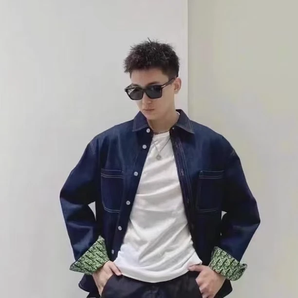 99新 DIOR/迪奥 H13590 22款 深蓝色内里满印棉质翻领长袖衬衫 37