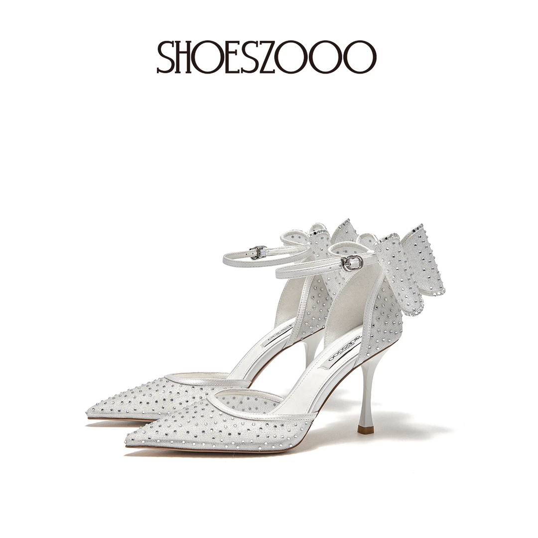 SHOESZOOO2025夏季新款单鞋真丝蝴蝶结法式中空细跟高跟新娘婚鞋