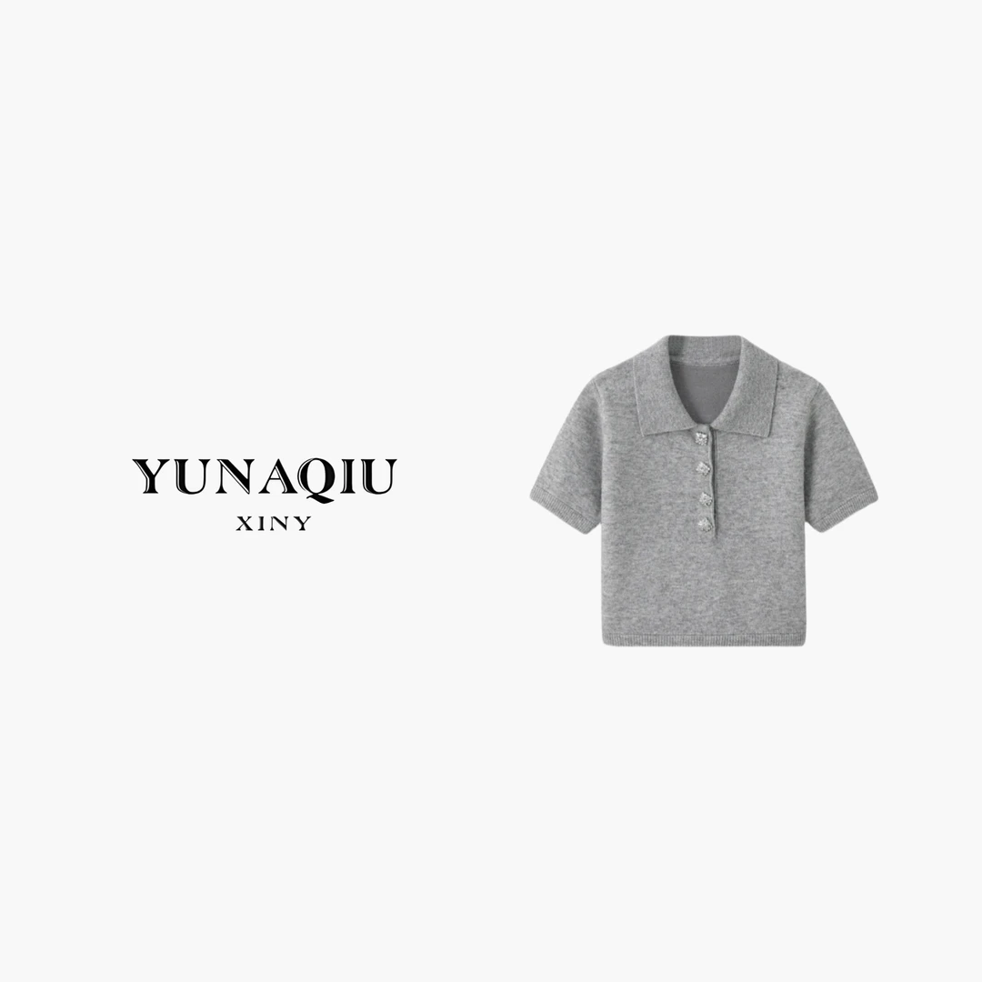 YUNAQIU 运动洋气时尚休闲夏季灰色纯色翻领-9153