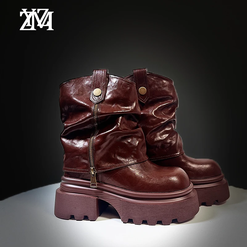 【平增高10cm】小个子时尚真皮 风增高骑士短筒堆堆靴两穿9330-6