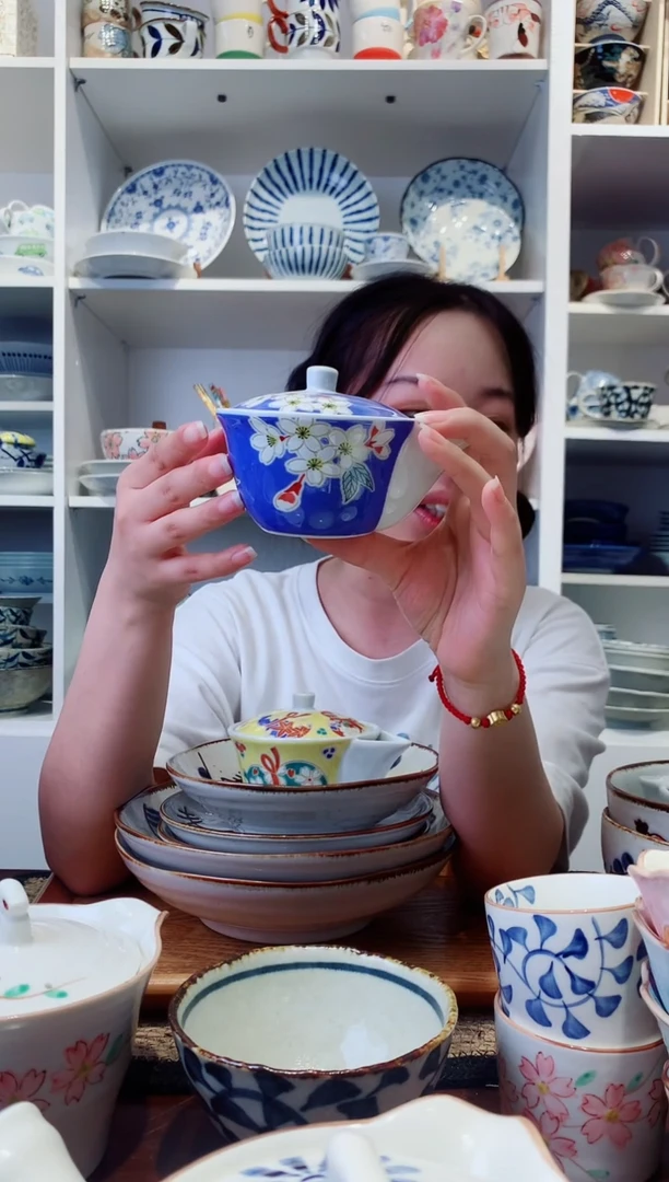 陶瓷九谷蓝染樱花茶宝