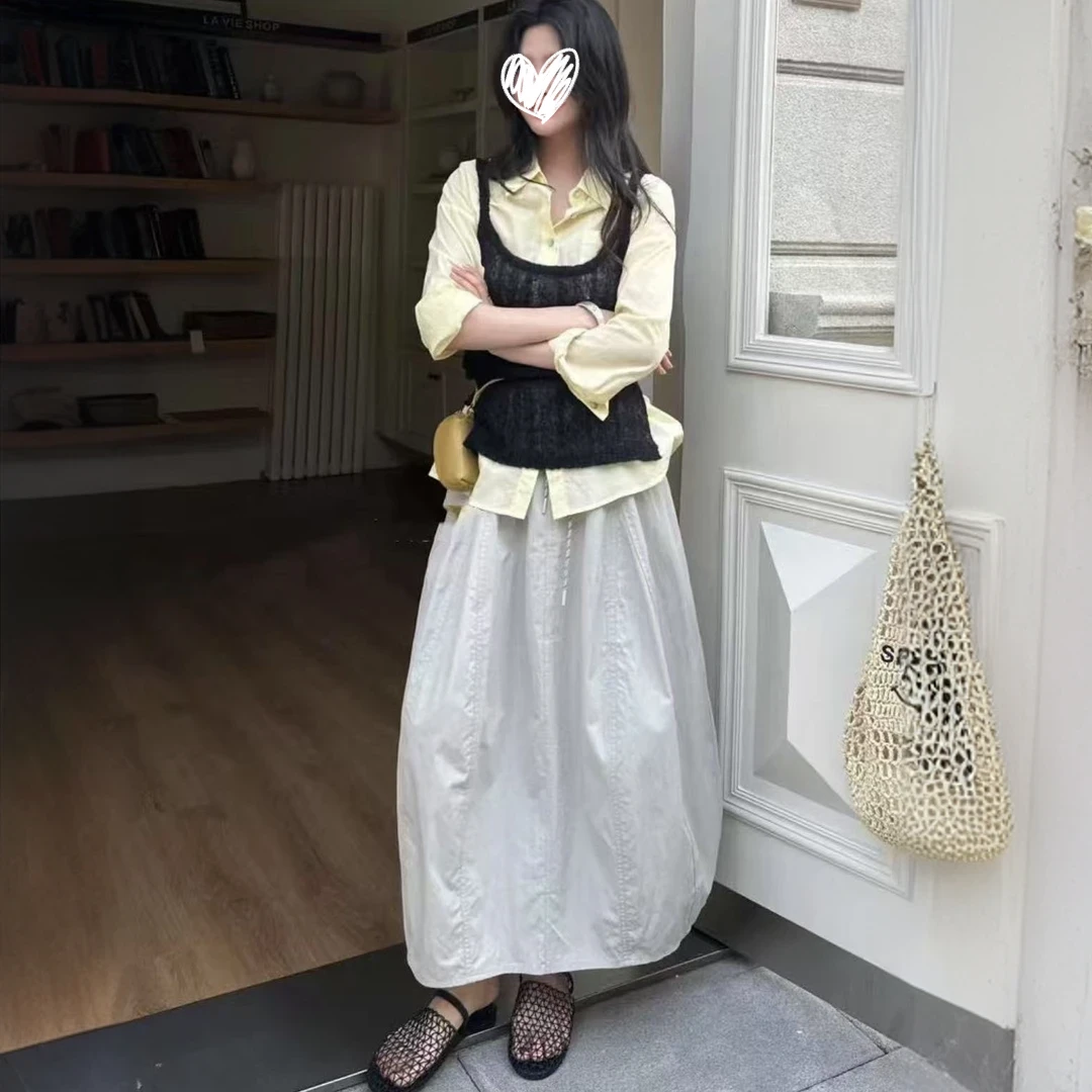 专 拼接简约南瓜裙半身裙少女风中长夏季裙子高腰拼接花苞裙1185