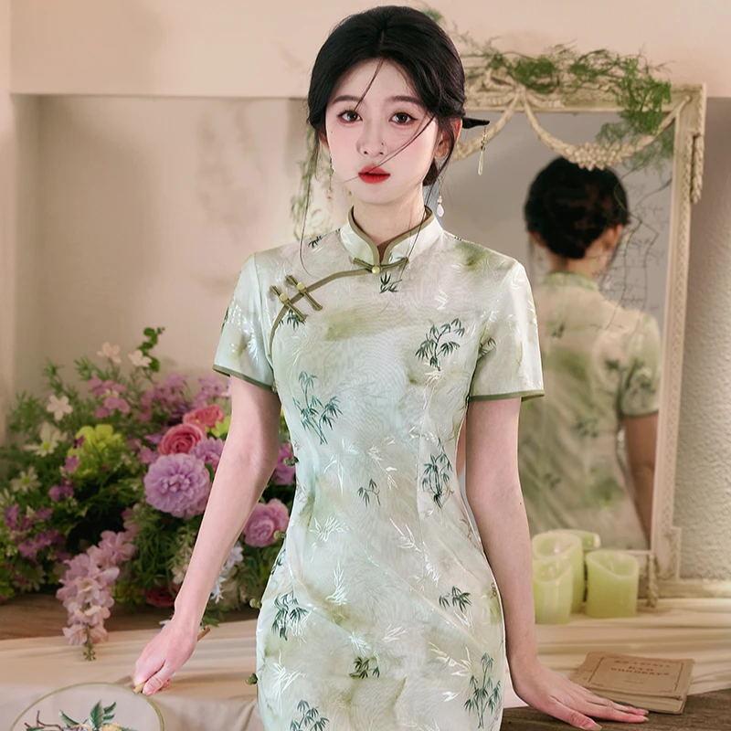 【节节升】夏季浅绿色国风送考旗袍竹之金榜题名-裙长108厘米