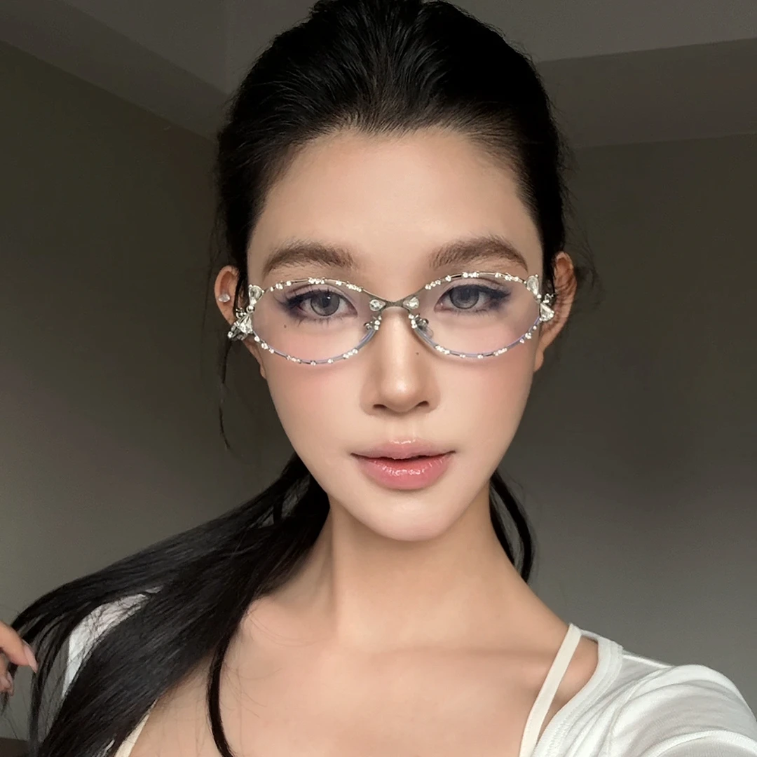 弗瑞姆眼镜ins网红金属百搭女素颜镶钻眼镜高级感水钻装饰圆脸190