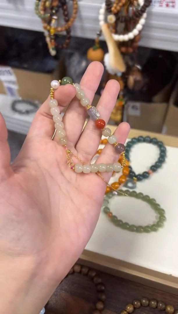 手链银S925镶嵌和田玉和田玉藕粉设计款银手链[0335]