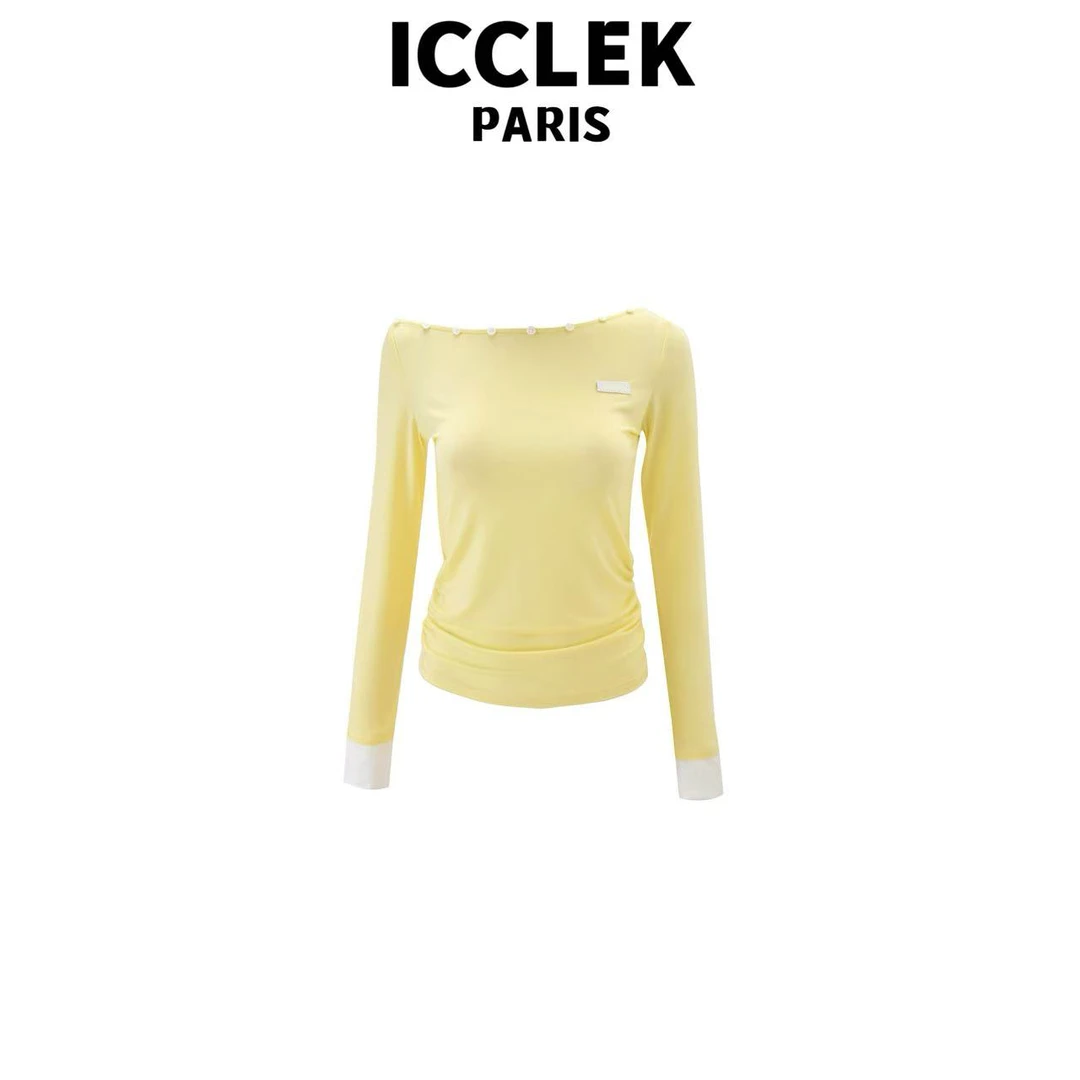 ICCLEK 淡黄色斜肩长袖气质轻奢名媛秋冬百搭简约打底长袖 - 9075