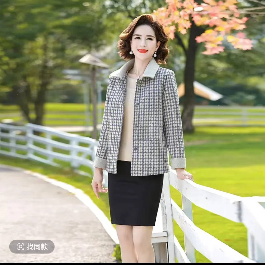 8213妈妈装外套洋气短款格子毛呢上衣时尚洋气休闲衣服老仓库2楼