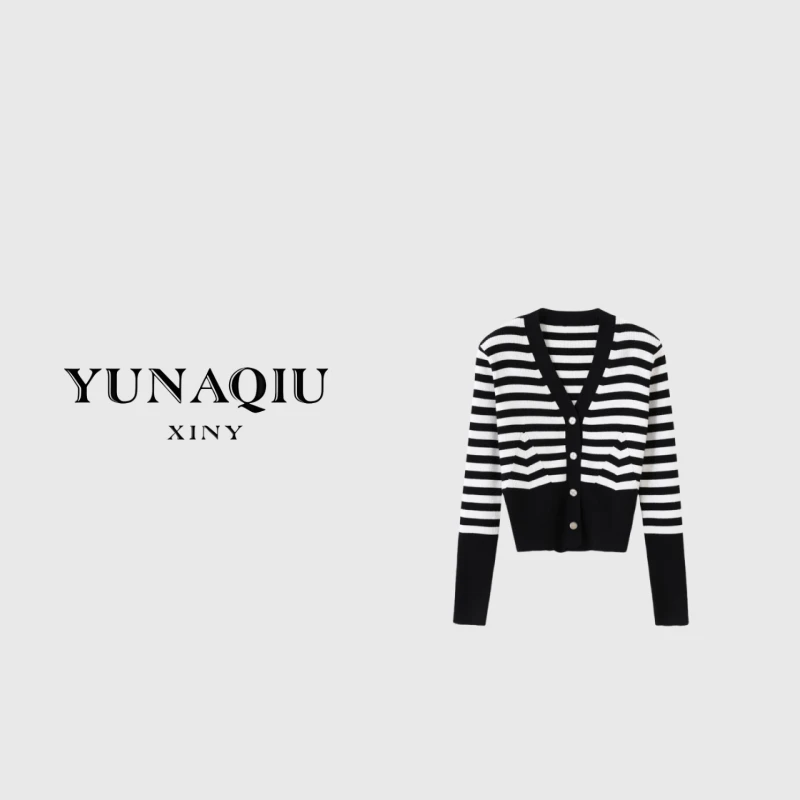 YUNAQIU秋季新款法式小众设计感V领条纹针织开衫上衣女外套-6611