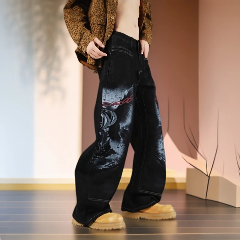 14盎司高端系重磅复古印花弯刀牛仔裤设计师款时尚百搭轻奢潮流