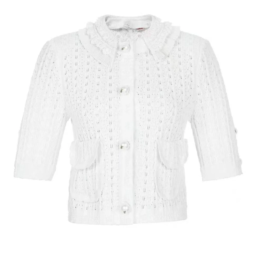 <猪猪出品>2025上新白色短袖半袖时尚春季镂空娃娃领针织上衣639