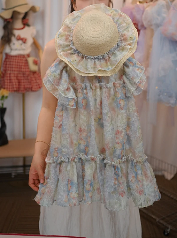 女童连衣裙2025夏季新款儿童洋气公主裙法式田园碎花蕾丝吊带裙