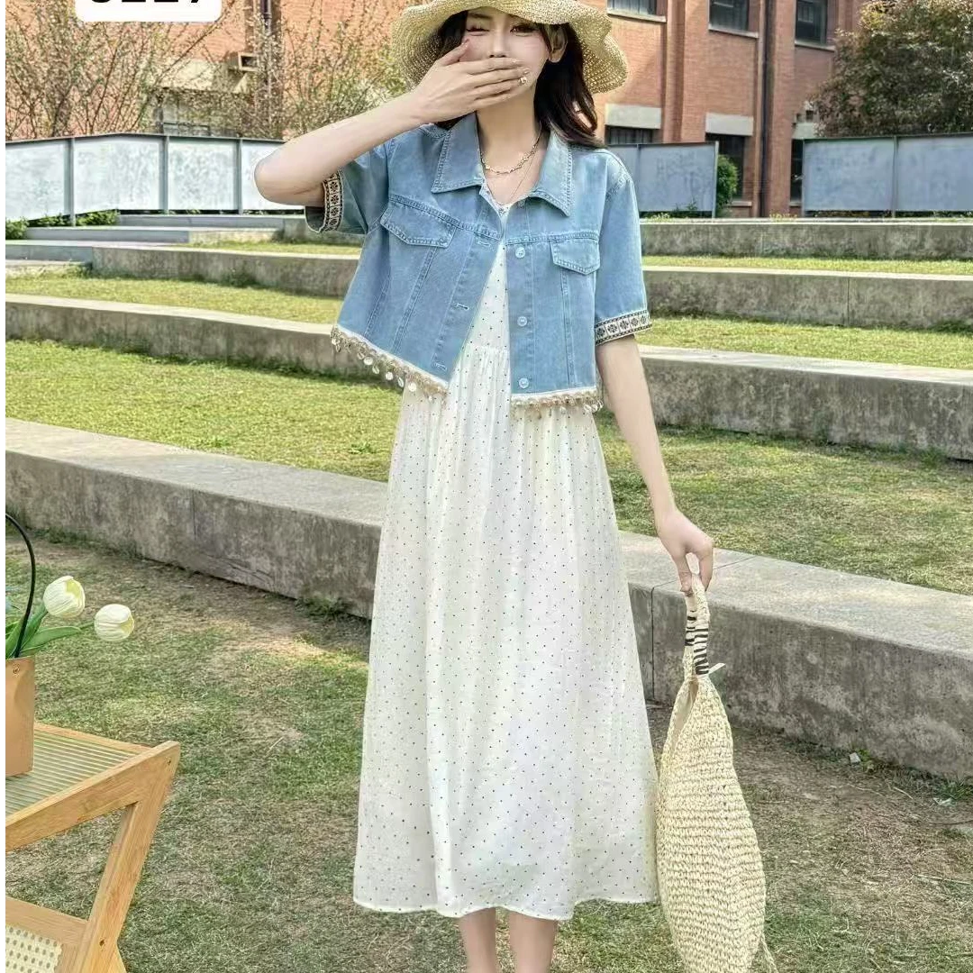 夏季新款时尚短袖牛仔外套＋吊带连衣裙度假风