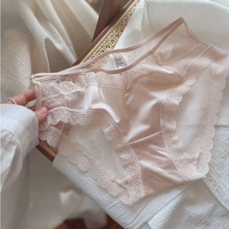 Mandsibil曼德西比利缎面温柔粉少女蕾丝网纱性感镂空女士内裤