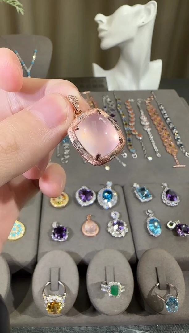 颈饰银S925镶嵌芙蓉石14*12mm吊坠星光粉水晶