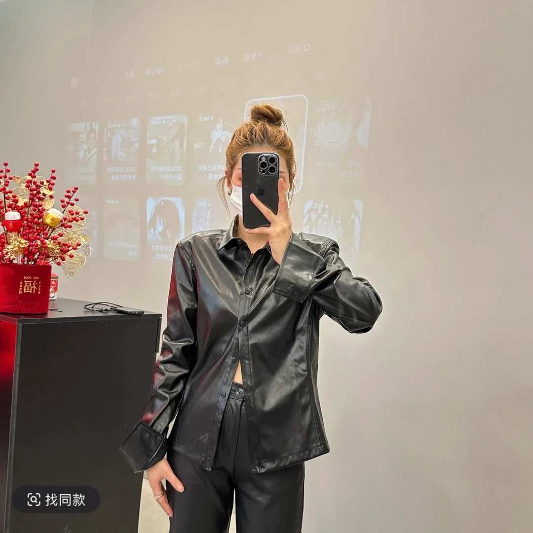 东大门韩版西装领短款时尚休闲百搭翻领净色皮衬衫237859