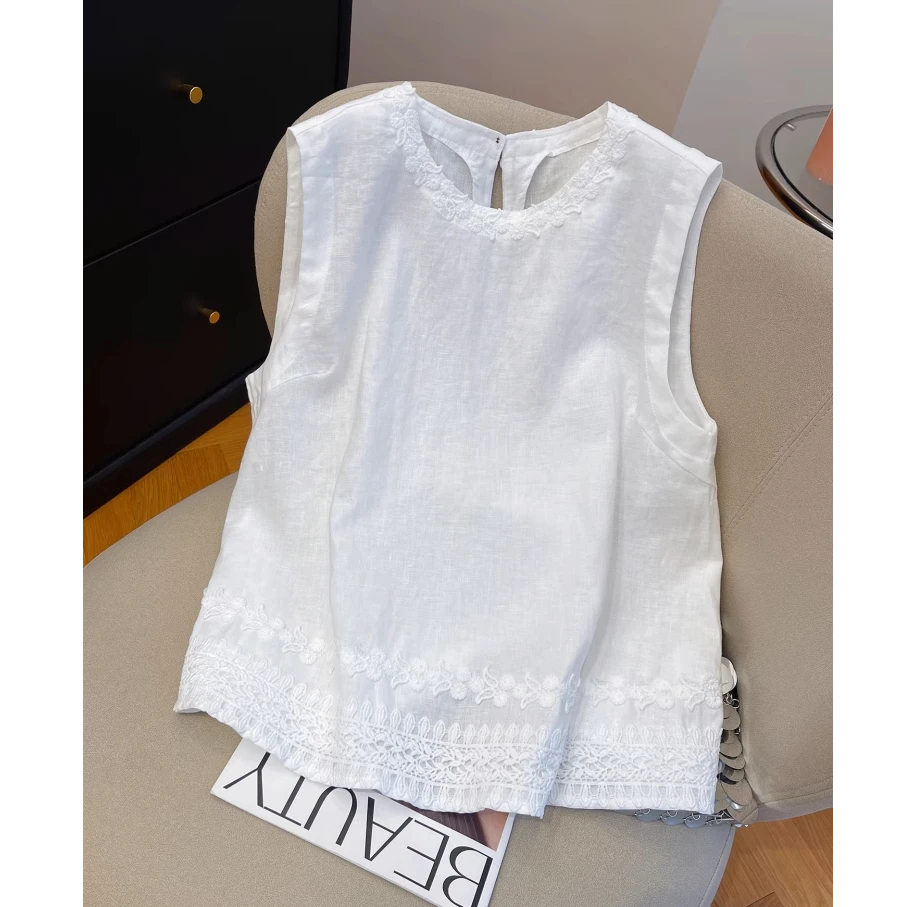 白色无袖衬衫百搭简约blokette森系背心女2025夏刺绣圆领气质上衣