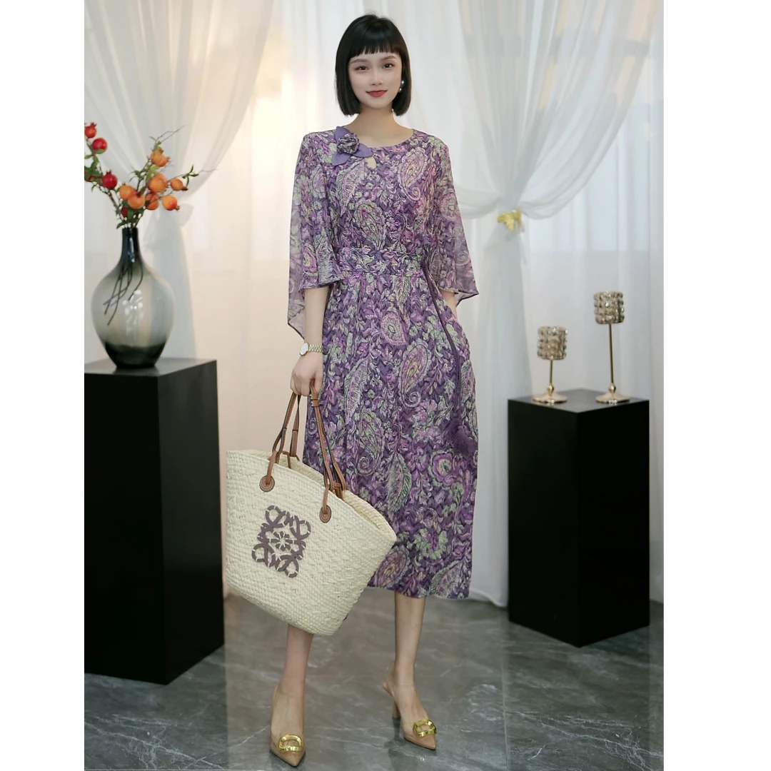 玲玲2025夏季新品法式时尚气质碎花爆款显瘦中长款连衣裙