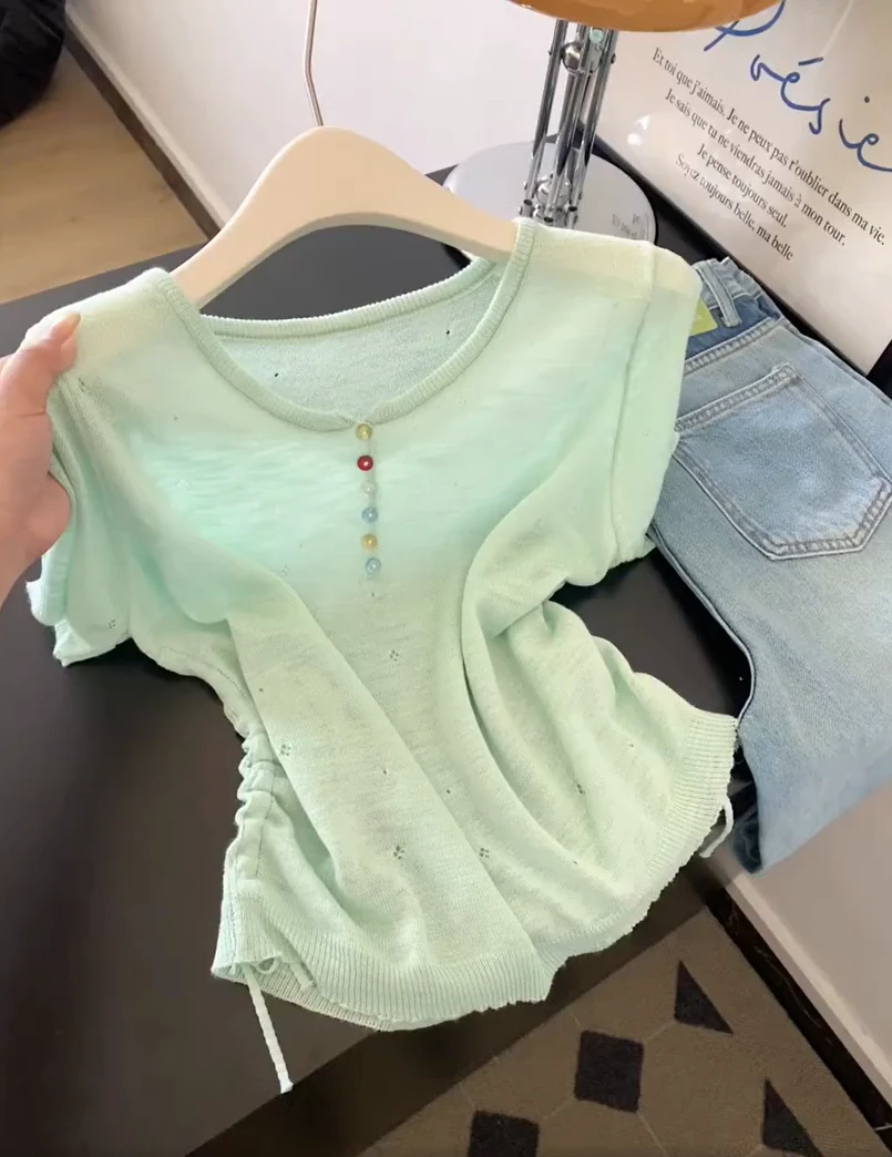 2025夏季新款韩系温柔风抽绳圆领短袖t恤女修身显瘦薄荷休闲上衣