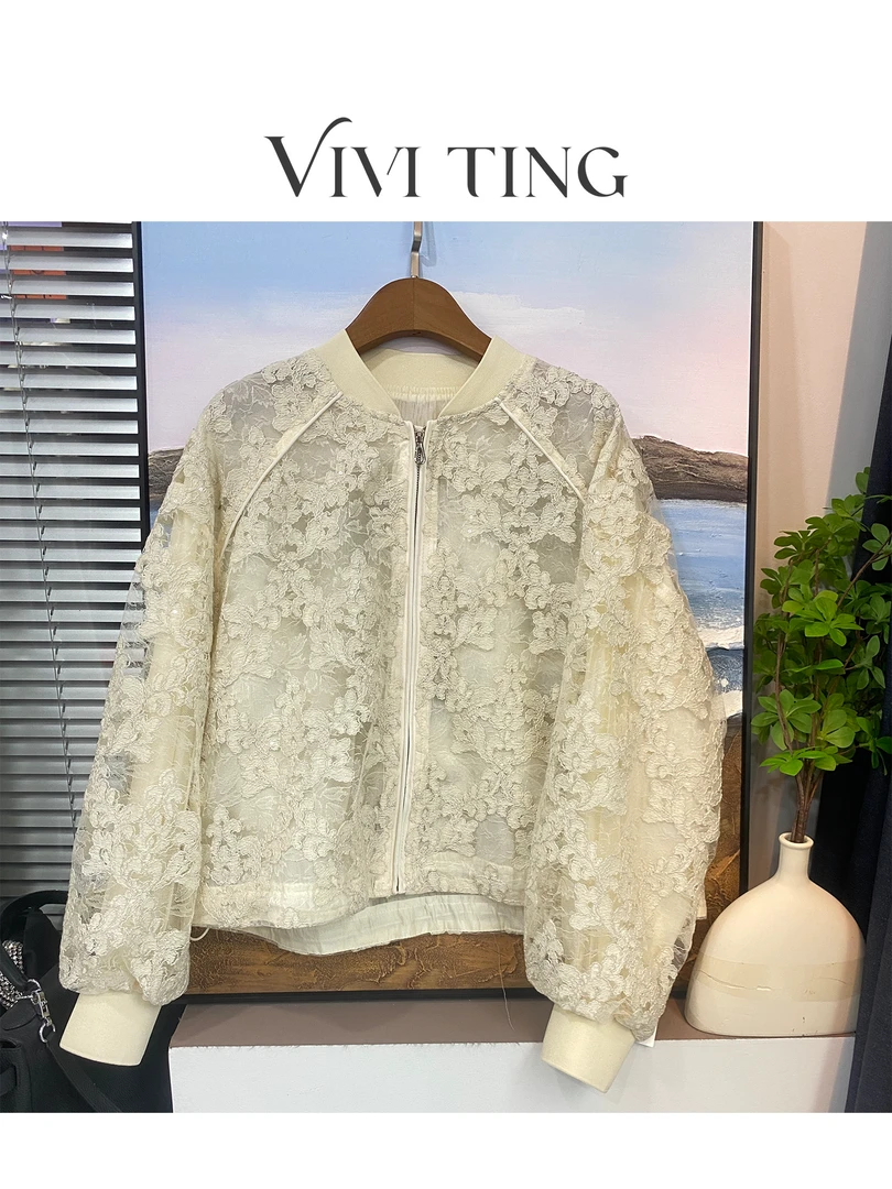 【VIVI·TING】婷姐推荐休闲立领蕾丝花朵夹克前拉链镂空钩花外套s91