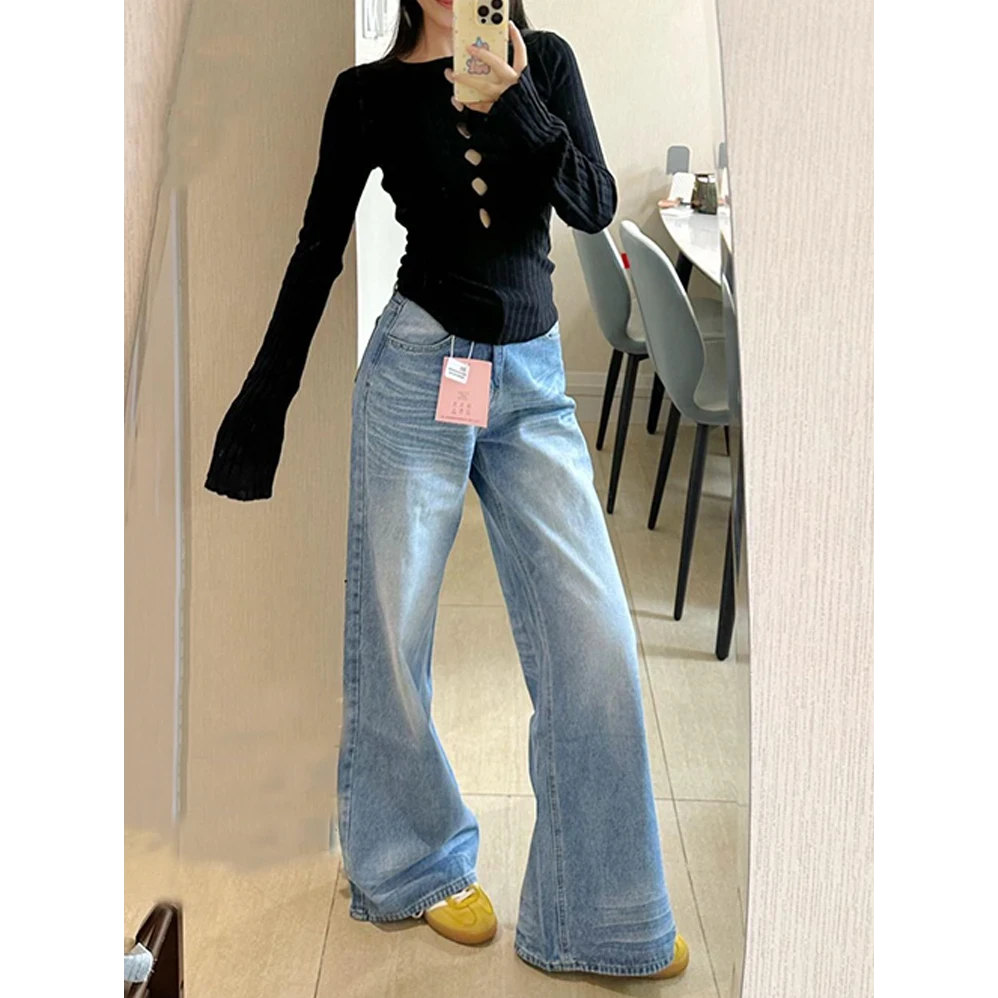 美式复古做旧水洗牛仔裤女2025春季新款显瘦宽松直筒折痕阔腿裤