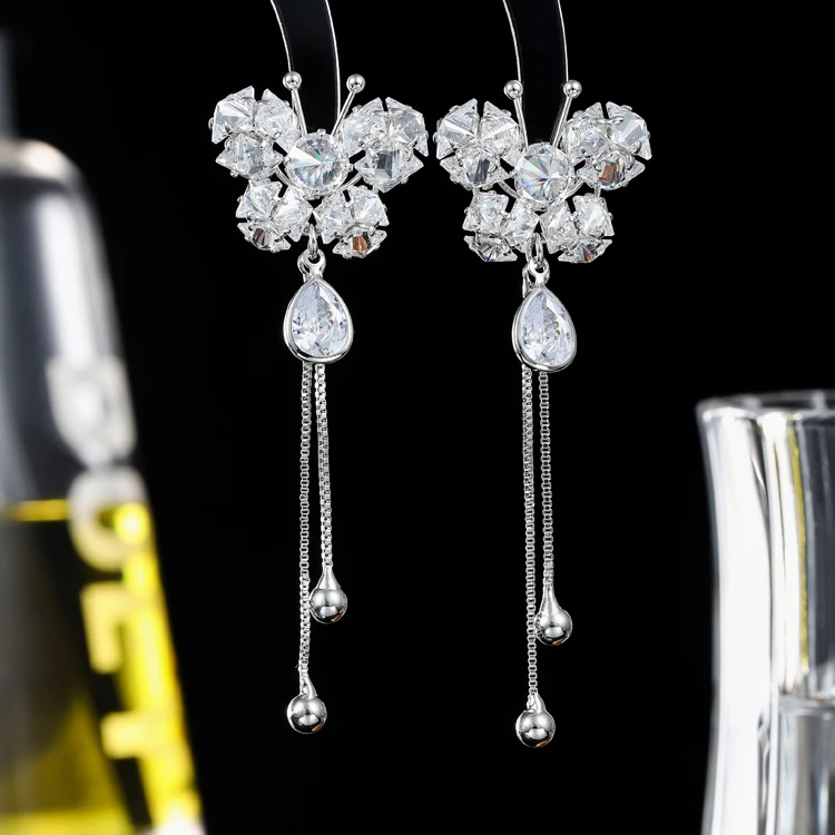 铜合金合成锆石耳饰 甜美超仙原创设计耳饰配饰蝴蝶昆虫流苏耳环