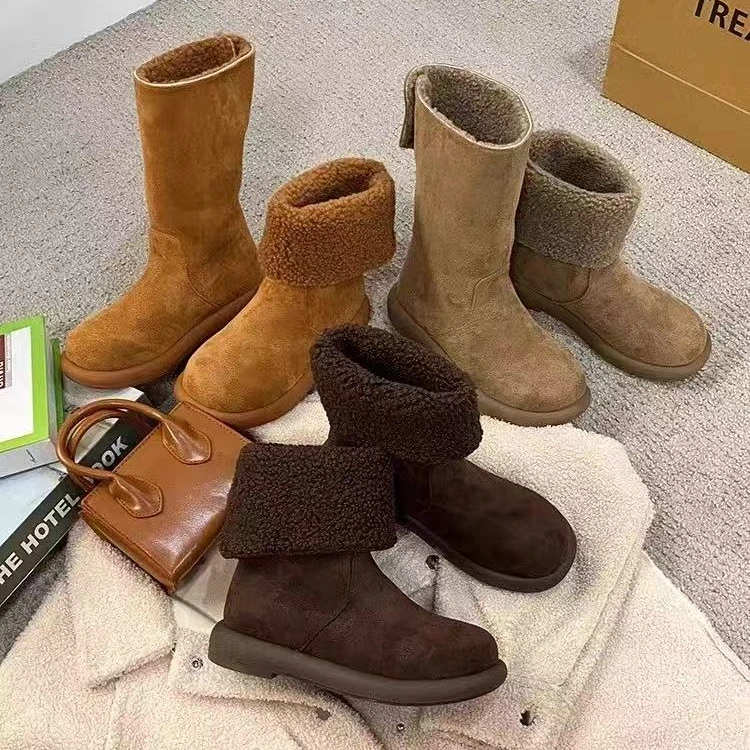 爆款磨砂皮羊羔绒毛毛鞋翻领两穿雪地棉靴短靴显瘦时尚套筒女靴潮