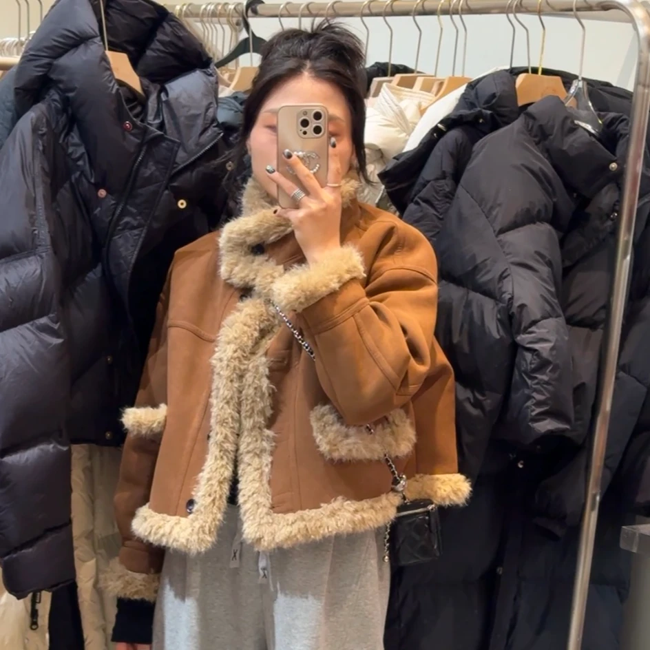 欧洲站2024冬季新款欧货精品保暖皮毛一体皮外套女翻领毛绒绒外套