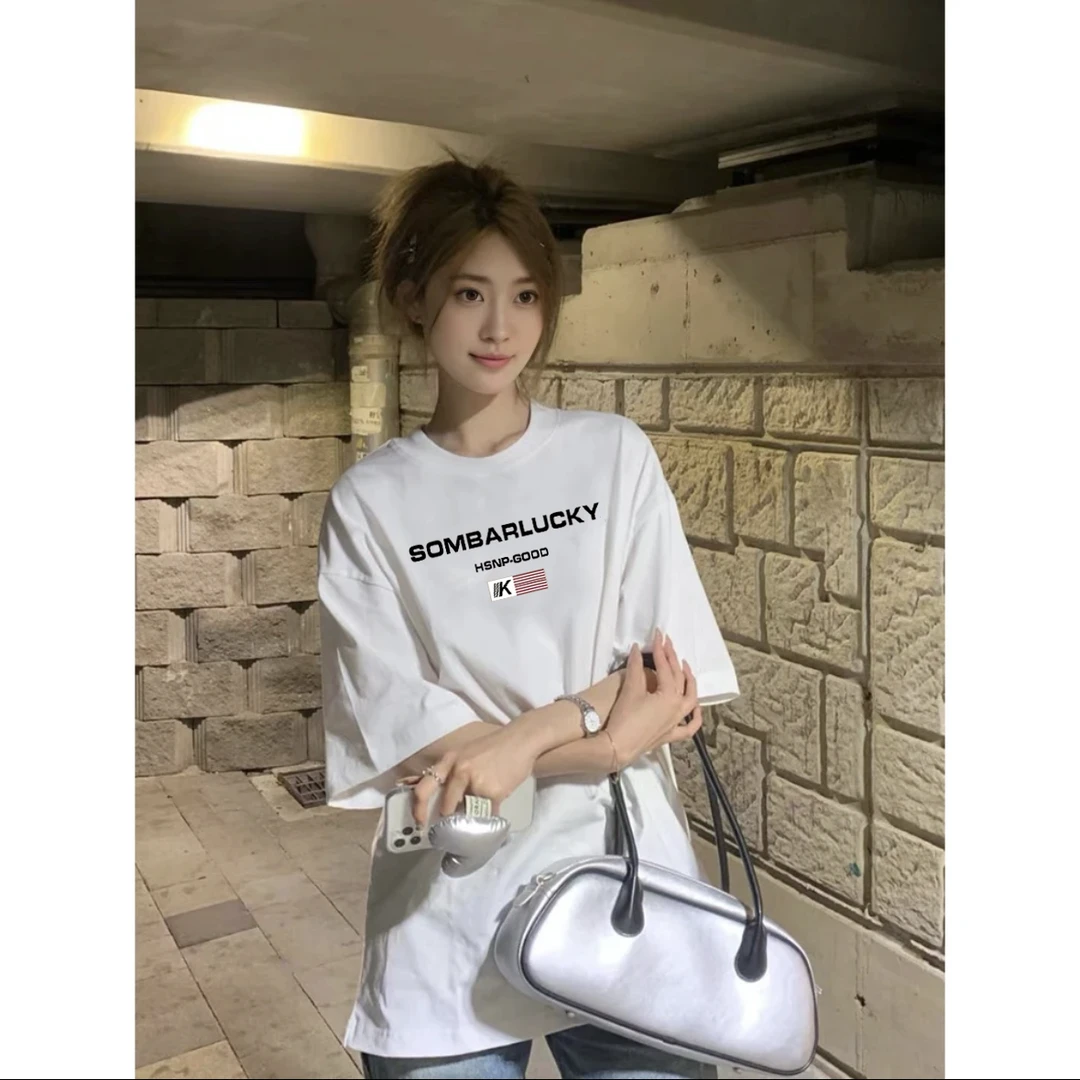 HSNP纯棉重磅潮牌复古设计感印花短袖T恤ins女情侣慵懒风美式高街