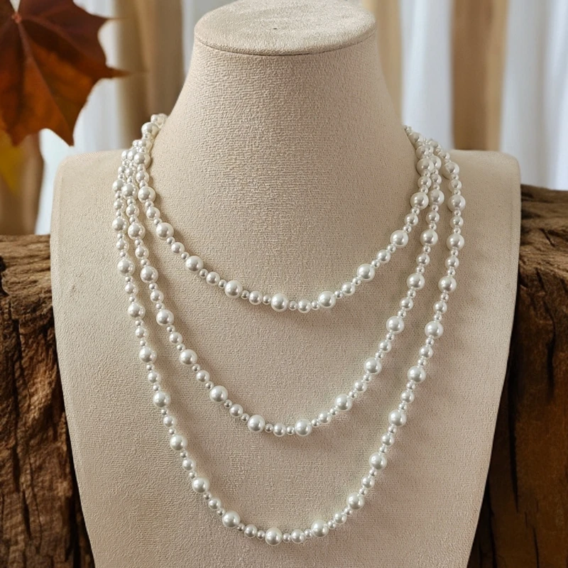 法式极光白大小珠满天星毛衣链