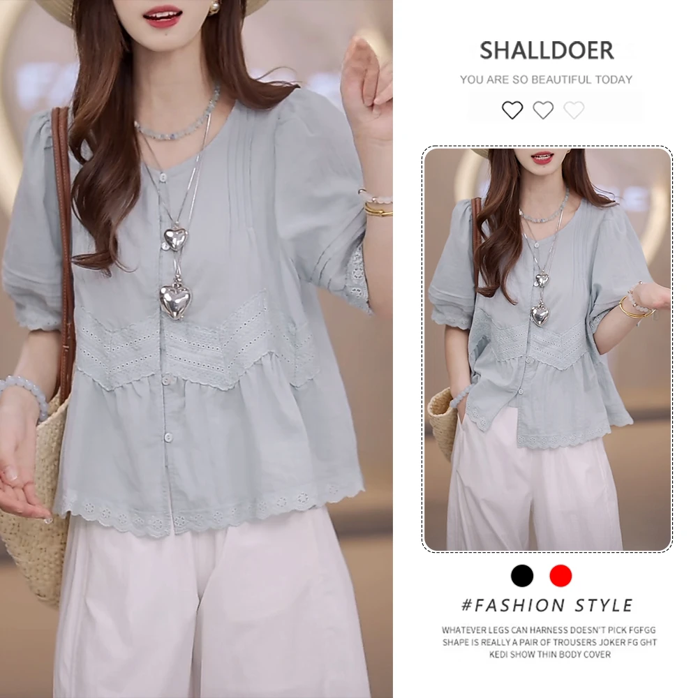 圆领开衫短袖衬衫女夏款2025新款百搭通勤洋气上衣纯色纽扣雪纺衫