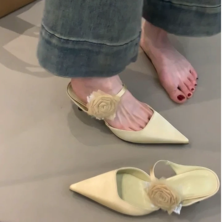 MRL-139-5气质5cm缎面包头半拖鞋外穿2025年春夏新款高跟凉拖凉鞋