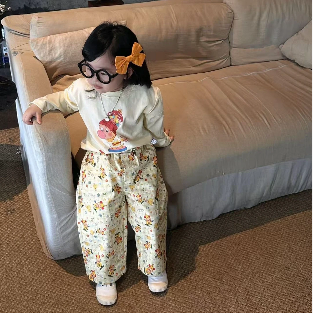 小思家女童2025秋季新款韩版休闲卡通印花圆领长袖T恤碎花裤套装