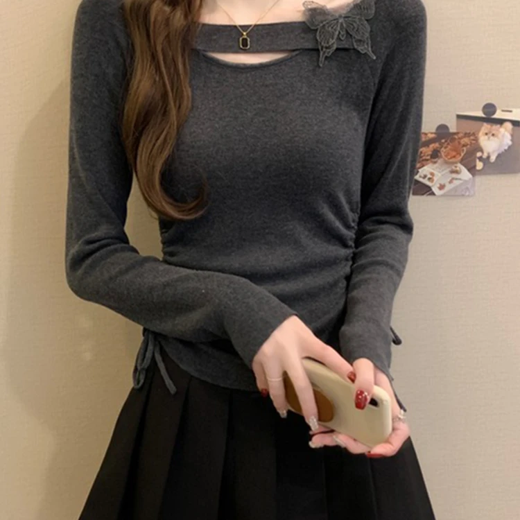 灰色镂空蝴蝶长袖针织打底衫女秋季巨好看大朗毛织高知miu系上衣