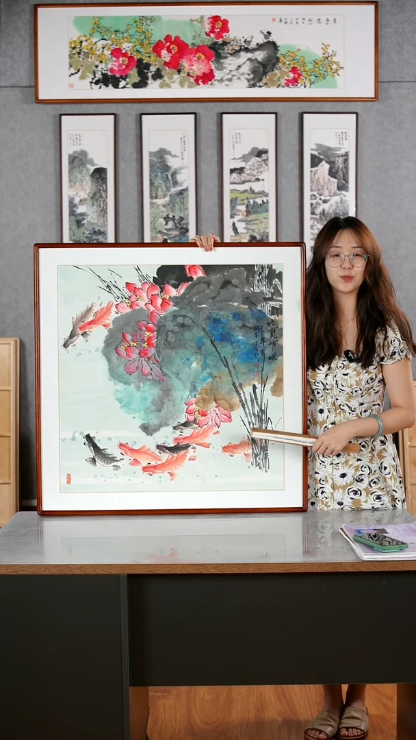 国画阿里丁《九龙戏水》含框82*82厘米